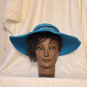 Vintage Ernie Chic Teal Wide-Brim Hat with Feather, Bow And Ribbon Embellishment